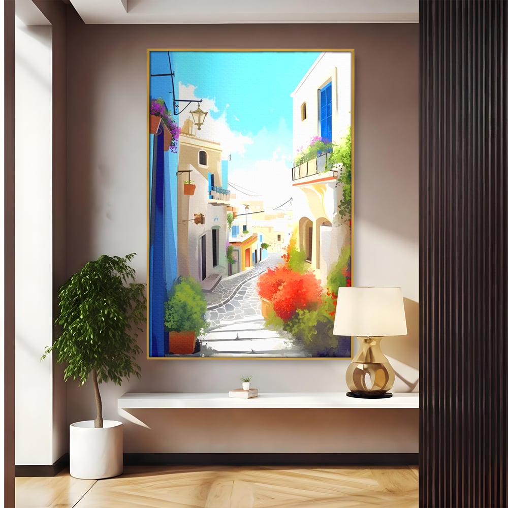 Tablou canvas cu ilustratie digitala cu strada mediteraneana, in rama de aluminiu auriu